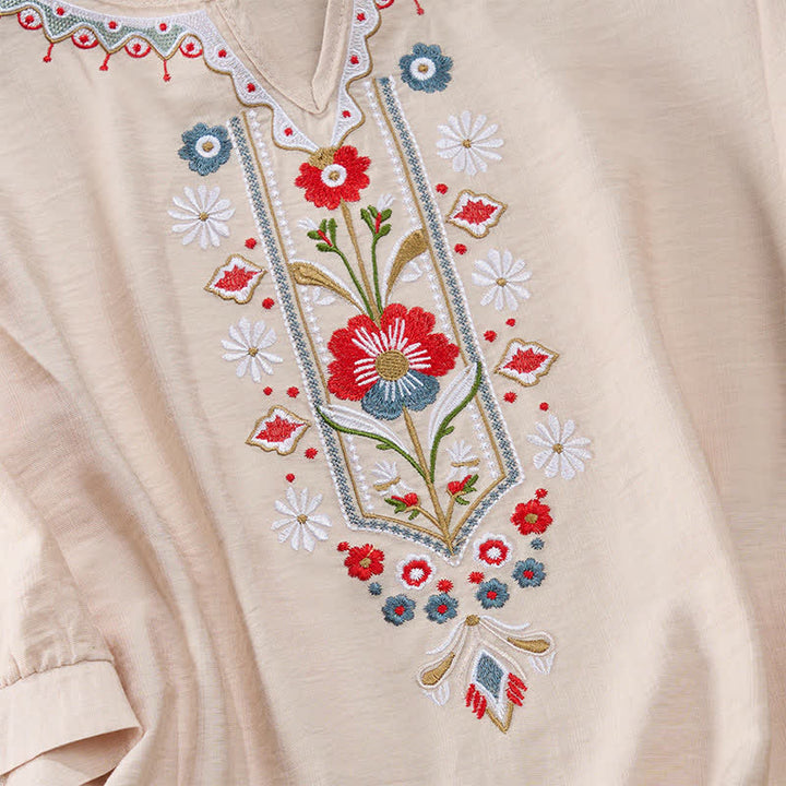 Buddha Stones Spring Boho Embroidered Cotton Linen Elbow-Length Sleeve Women's T-Shirts - image 16