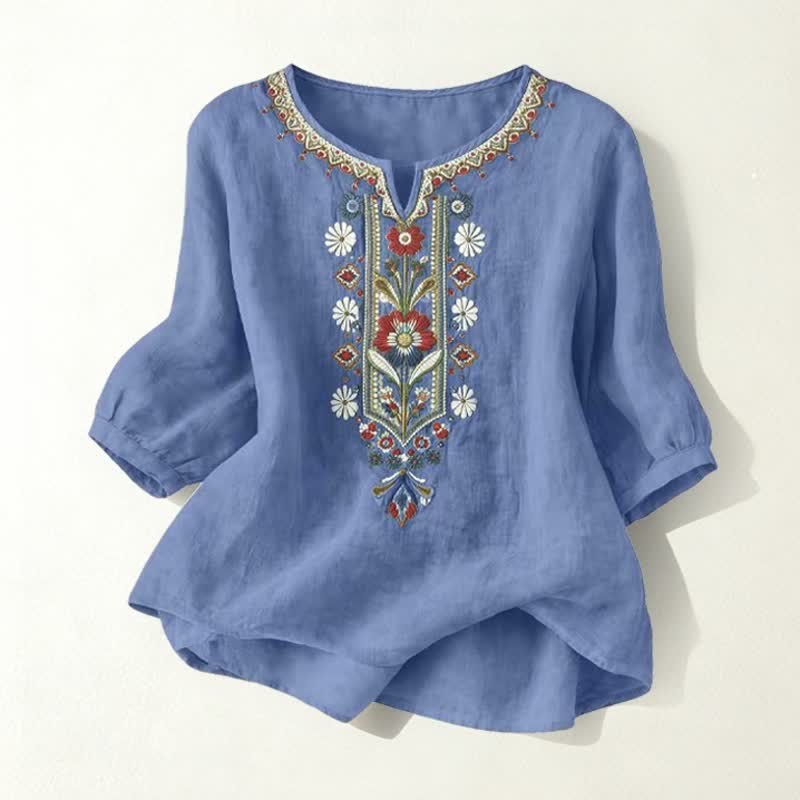 Buddha Stones Spring Boho Embroidered Cotton Linen Elbow-Length Sleeve Women's T-Shirts - DenimBlue - US16，UK/AU20，EU48 (3XL) - image 26