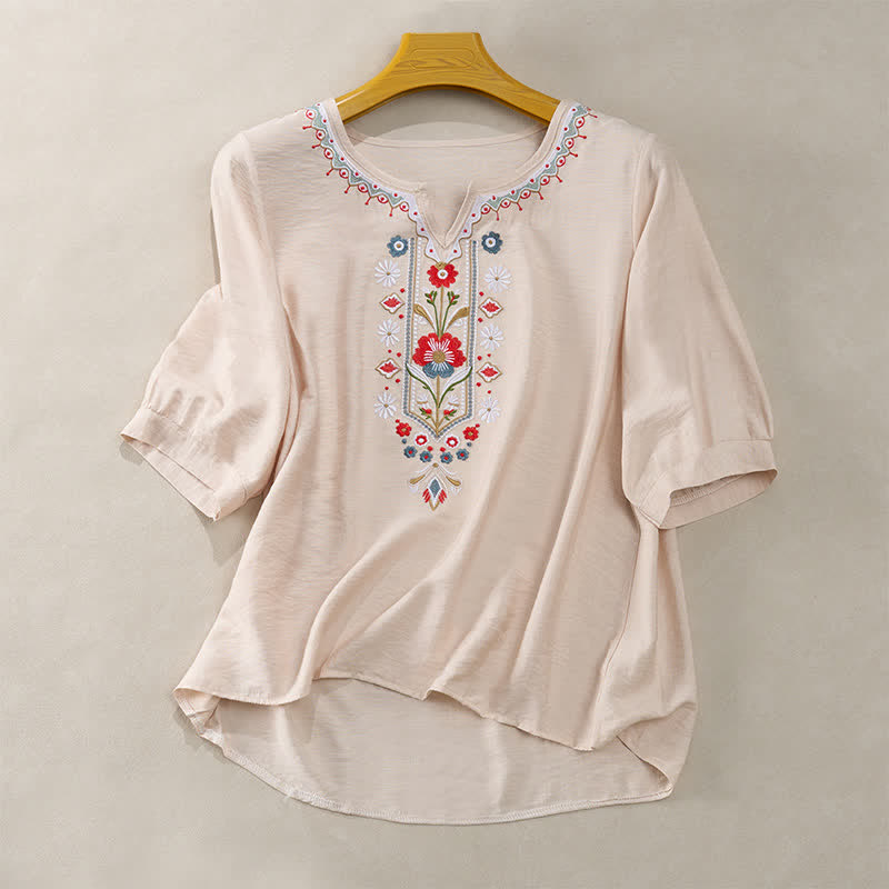 Buddha Stones Spring Boho Embroidered Elbow-Length Sleeve Women's T-Shirts - Beige - US16，UK/AU20，EU48 (3XL) - image 13