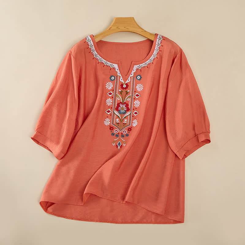 Buddha Stones Spring Boho Embroidered Cotton Linen Elbow-Length Sleeve Women's T-Shirts - Orange - US16，UK/AU20，EU48 (3XL) - image 0