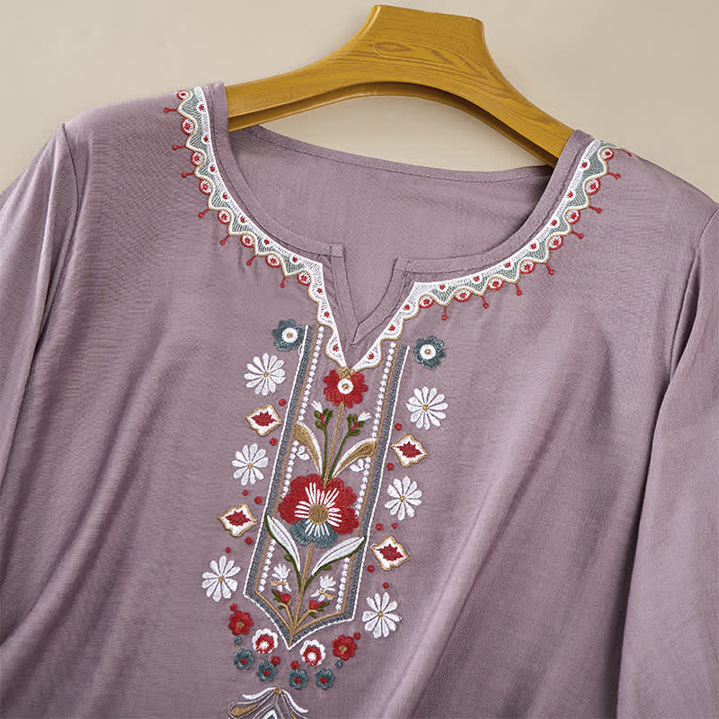 Buddha Stones Spring Boho Embroidered Cotton Linen Elbow-Length Sleeve Women's T-Shirts - image 9