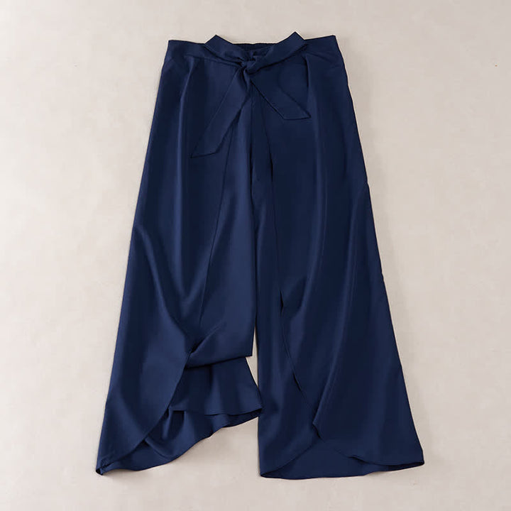 Buddha Stones Elegant Plain Side-Slit Drawstring Bow Design High Waist Women's Wide Leg Pants - MidnightBlue - US16，UK/AU20，EU48 (3XL) - image 10