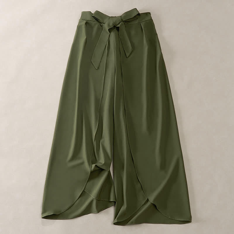 Buddha Stones Elegant Plain Side-Slit Drawstring Bow Design High Waist Women's Wide Leg Pants - DarkOliveGreen - US16，UK/AU20，EU48 (3XL) - image 0