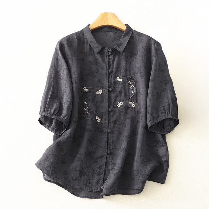 Buddha Stones Stand Collar Embroidery Button Design Three Quarter Sleeve Summer Women's Shirt - DimGray - US8-10，UK/AU12-14，EU40-42 (2XL) - image 0