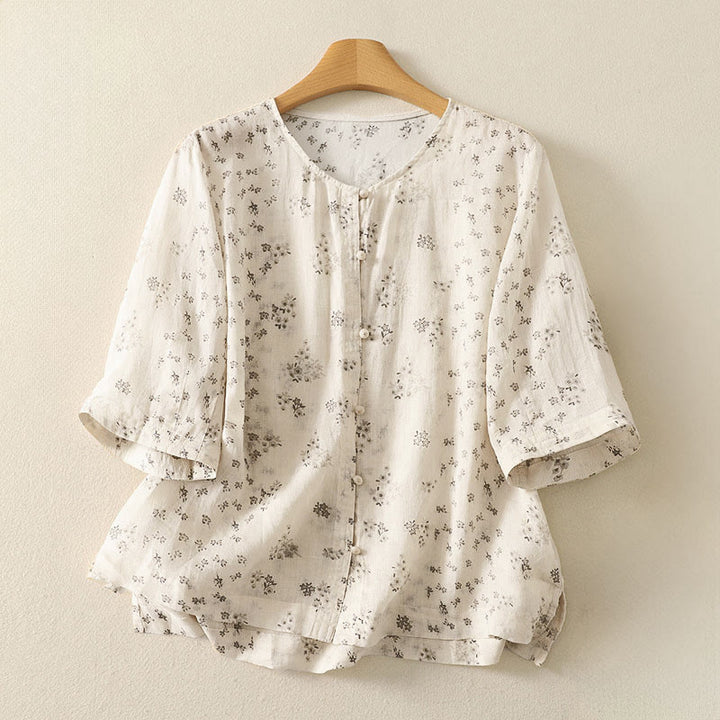 Buddha Stones Casual Floral Print Pattern Three Quarter Sleeve Women's Buttons Shirt - LemonChiffon - US12，UK/AU16，EU44 (3XL) - image 10