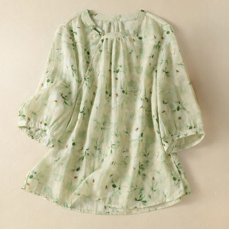 Buddha Stones Crew Neck Casual Frog-Button Floral Print Pattern Blouse Half Sleeve Women's Shirts - Beige - US8-10，UK/AU12-14，EU40-42 (2XL) - image 0