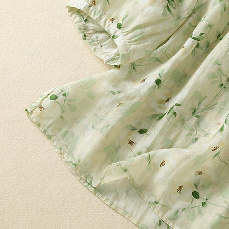 Buddha Stones Crew Neck Casual Frog-Button Floral Print Pattern Blouse Half Sleeve Women's Shirts - image 6