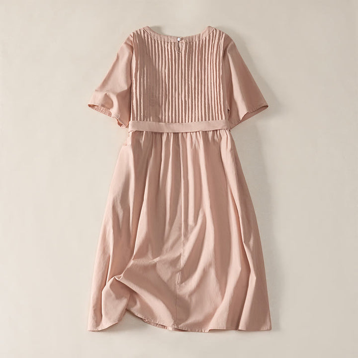 Buddha Stones Summer Pintuck A Line Knee Length Women's Short Sleeve Dress With Tie Waist Bow - image 1