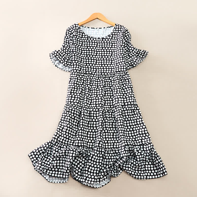 Buddha Stones Summer Elegant Polka Dot A Line Ruffle Hem Short Sleeve Knee Length Dress - Black - US16，UK/AU20，EU48 (3XL) - image 6