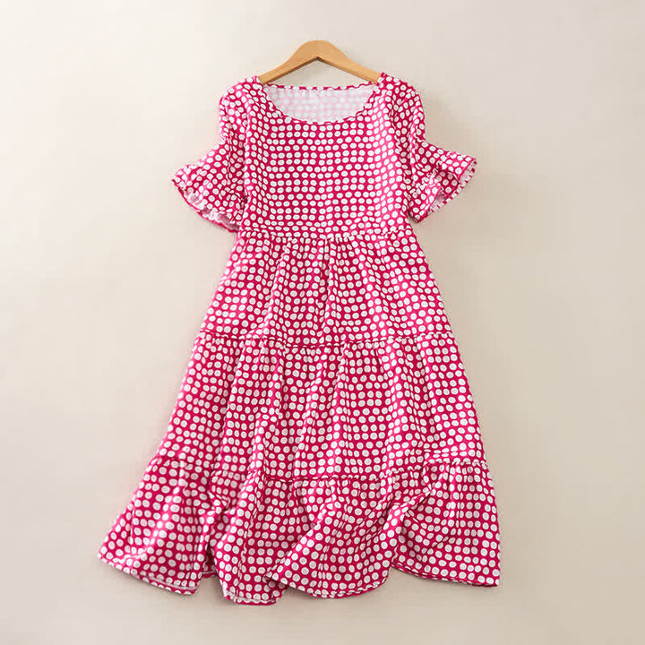 Buddha Stones Summer Elegant Polka Dot A Line Ruffle Hem Short Sleeve Knee Length Dress - HotPink - US16，UK/AU20，EU48 (3XL) - image 12