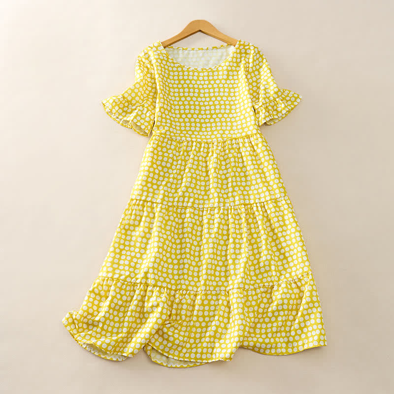 Buddha Stones Summer Elegant Polka Dot A Line Ruffle Hem Short Sleeve Knee Length Dress - Gold - US16，UK/AU20，EU48 (3XL) - image 18