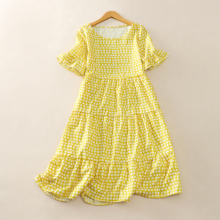 Buddha Stones Summer Elegant Polka Dot A Line Ruffle Hem Short Sleeve Knee Length Dress - Gold - US16，UK/AU20，EU48 (3XL) - image 18