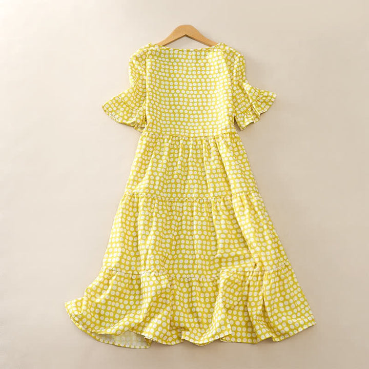 Buddha Stones Summer Elegant Polka Dot A Line Ruffle Hem Short Sleeve Knee Length Dress - image 19