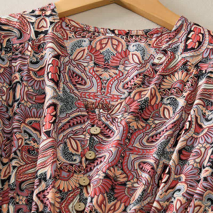 Buddha Stones Summer Peacock Paisley Tie Waist Viscose Lantern Sleeves Maxi Dress - image 10