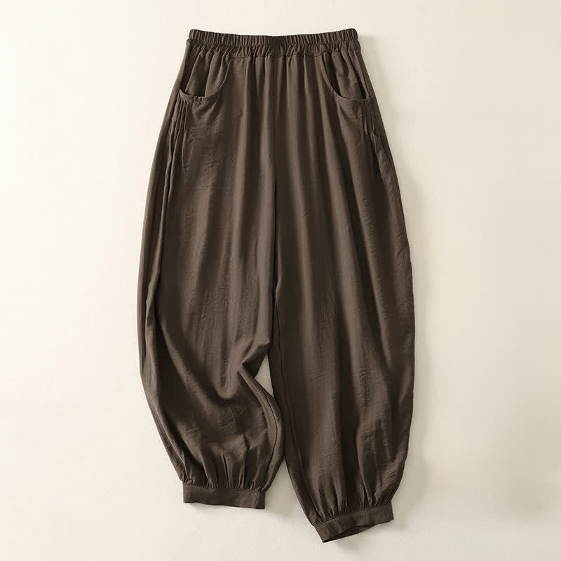 Buddha Stones Summer Solid Color Elastic Waist Women's Capri Harem Pants - SaddleBrown - US8-10，UK/AU12-14，EU40-42 (2XL) - image 0
