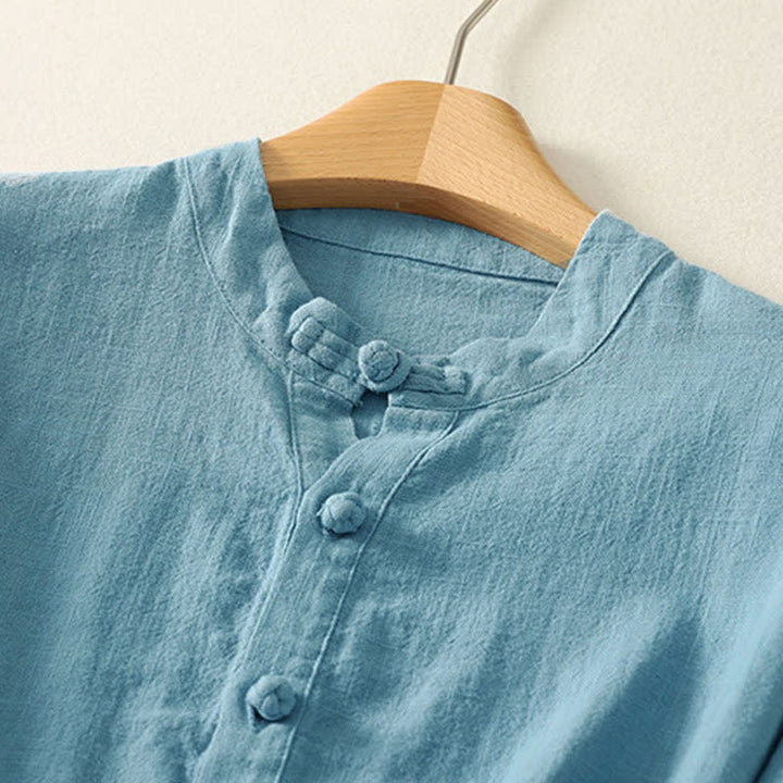 Buddha Stones Summer Stand Collar Buttons Cotton Women's Short Sleeve Shirt - image 1