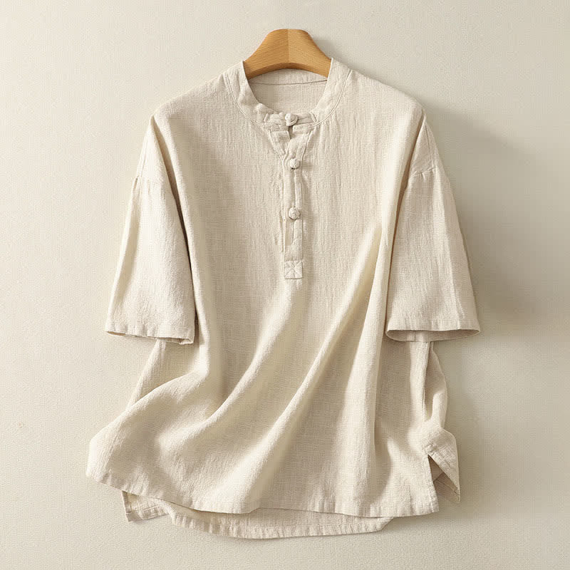Buddha Stones Summer Stand Collar Buttons Cotton Women's Short Sleeve Shirt - Linen - US8-10，UK/AU12-14，EU40-42 (2XL) - image 5