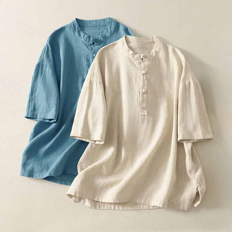 Buddha Stones Summer Stand Collar Buttons Cotton Women's Short Sleeve Shirt - image 15