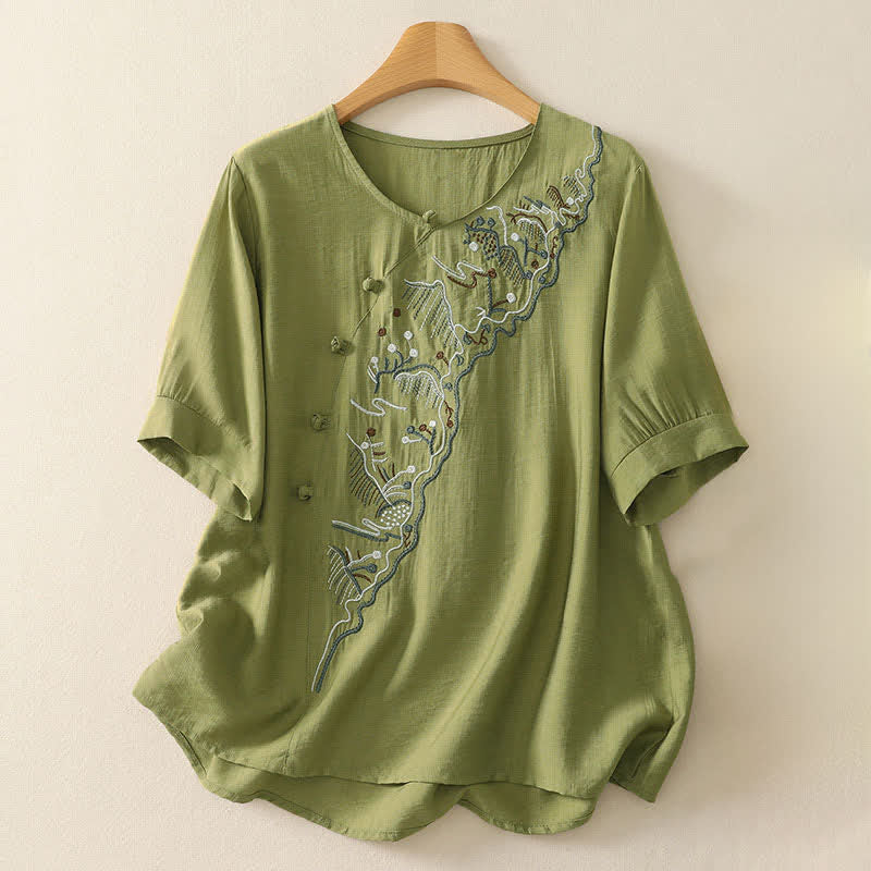 Buddha Stones Summer Mountain Embroidered Crew Neck Women's Short Sleeve Shirt - YellowGreen - US12，UK/AU16，EU44 (3XL) - image 10