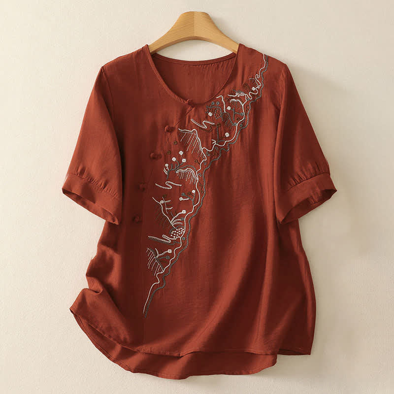 Buddha Stones Summer Mountain Embroidered Crew Neck Women's Short Sleeve Shirt - FireBrick - US12，UK/AU16，EU44 (3XL) - image 15