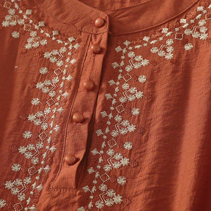 Buddha Stones Spring Embroidered Cotton Half Buttons Women's Short Sleeve Shirt - image 2