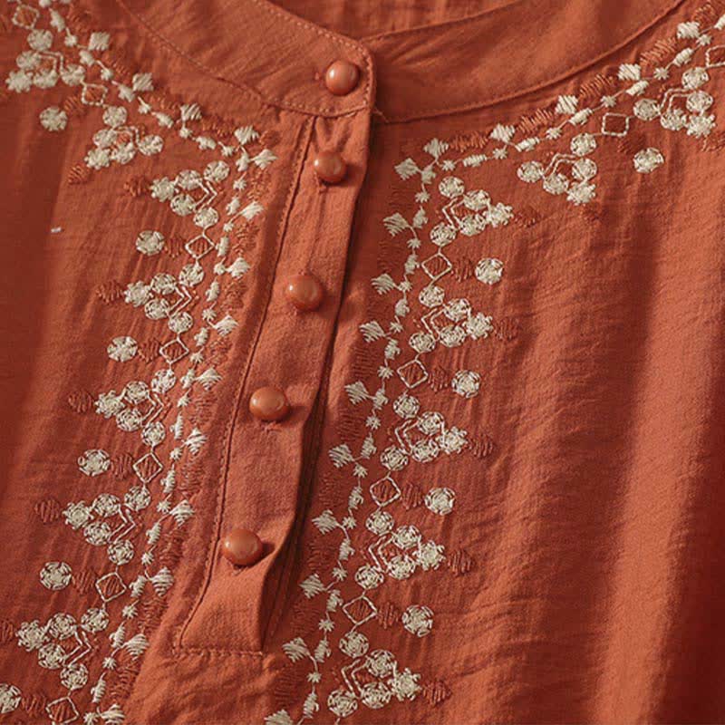 Buddha Stones Spring Embroidered Cotton Half Buttons Women's Short Sleeve Shirt - image 2