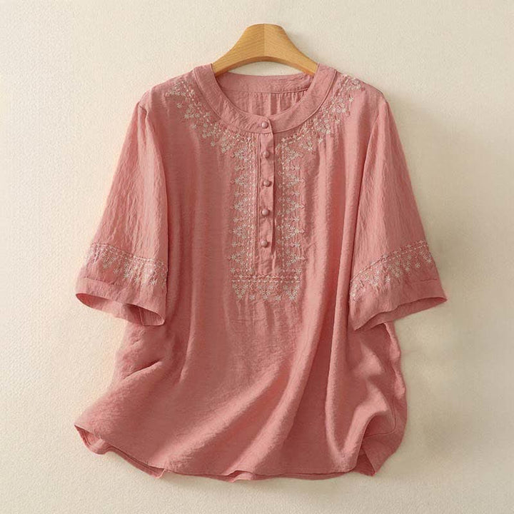 Buddha Stones Spring Embroidered Cotton Half Buttons Women's Short Sleeve Shirt - DarkSalmon - US8-10，UK/AU12-14，EU40-42 (2XL) - image 5