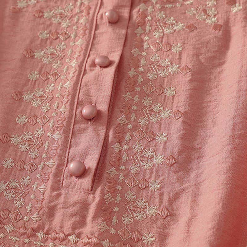 Buddha Stones Spring Embroidered Cotton Half Buttons Women's Short Sleeve Shirt - image 9