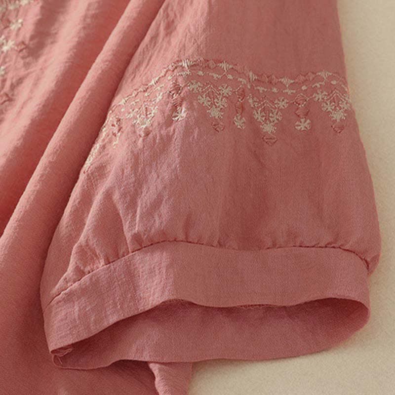 Buddha Stones Spring Embroidered Cotton Half Buttons Women's Short Sleeve Shirt - image 11