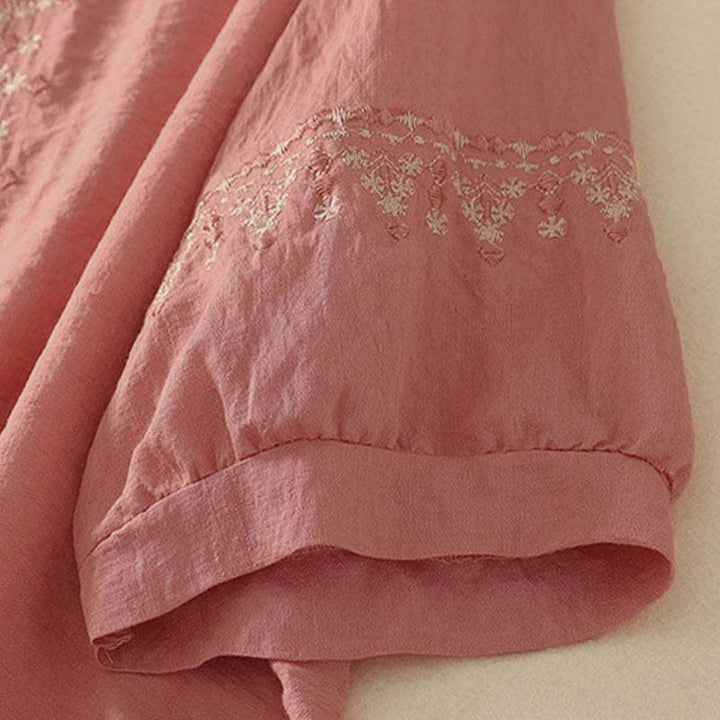 Buddha Stones Spring Embroidered Cotton Half Buttons Women's Short Sleeve Shirt - image 11