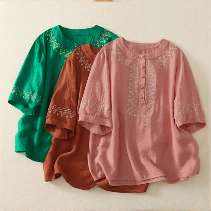 Buddha Stones Spring Embroidered Cotton Half Buttons Women's Short Sleeve Shirt - image 20