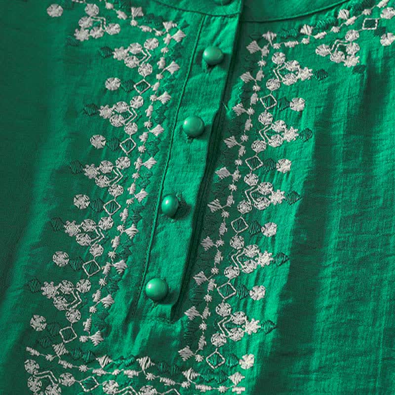 Buddha Stones Spring Embroidered Cotton Half Buttons Women's Short Sleeve Shirt - image 17