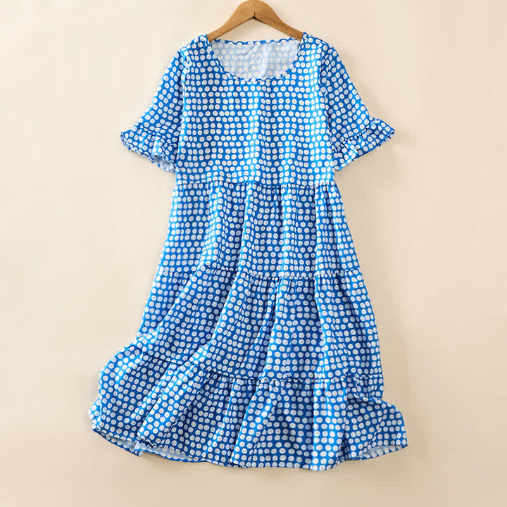 Buddha Stones Summer Elegant Polka Dot A Line Ruffle Hem Short Sleeve Knee Length Dress - CornflowerBlue - US16，UK/AU20，EU48 (3XL) - image 0
