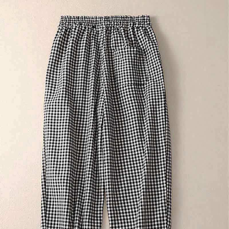 Buddha Stones Summer Plaid Elastic Waist Cropped Women's Tapered Pants With Pockets - image 7