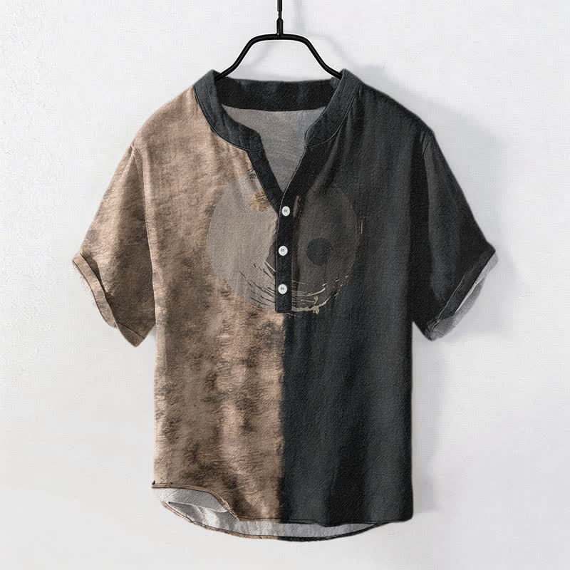 Buddha Stones Cotton Two Tone Taiji Ink Print Men's Short Sleeve Half Button Shirt - Tan - US/UK/AU50，EU60 (5XL) - image 0