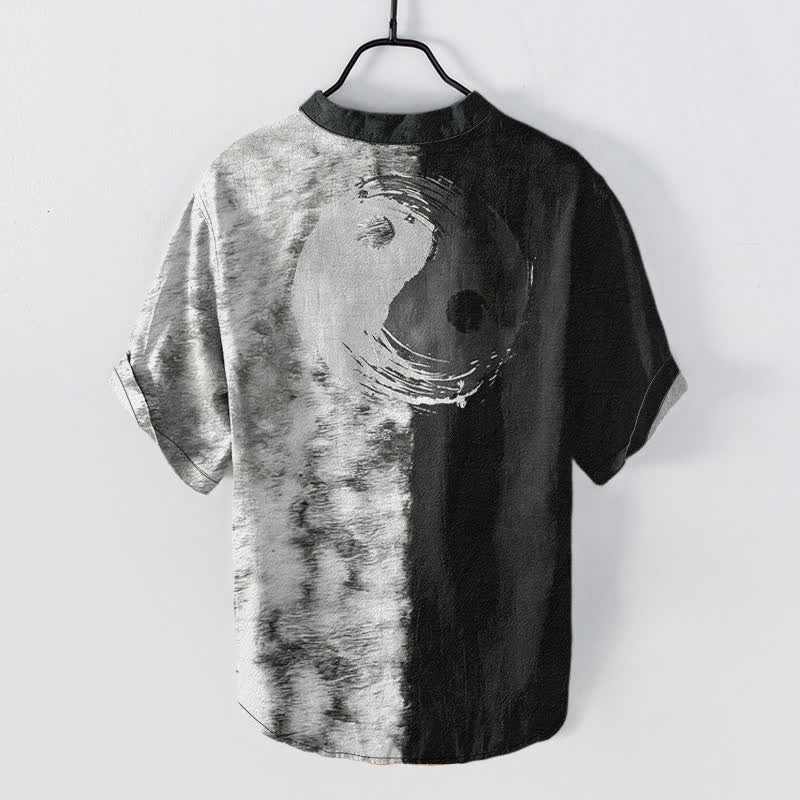 Buddha Stones Cotton Two Tone Taiji Ink Print Men's Short Sleeve Half Button Shirt - image 6