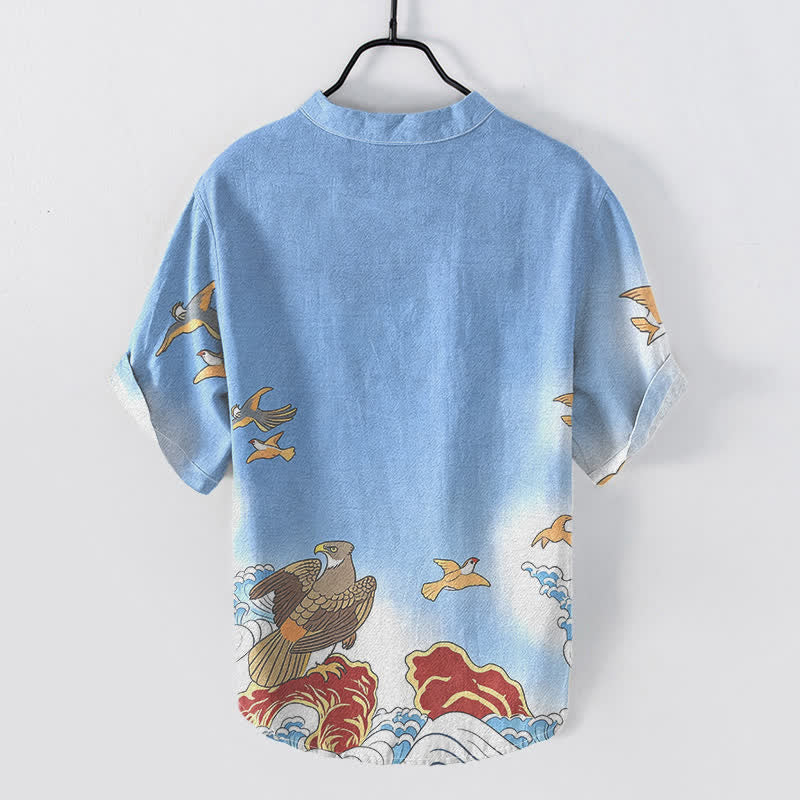 Buddha Stones Cotton Ocean Bird Wave Rock Print Men's Short Sleeve Half Button Shirt - image 1
