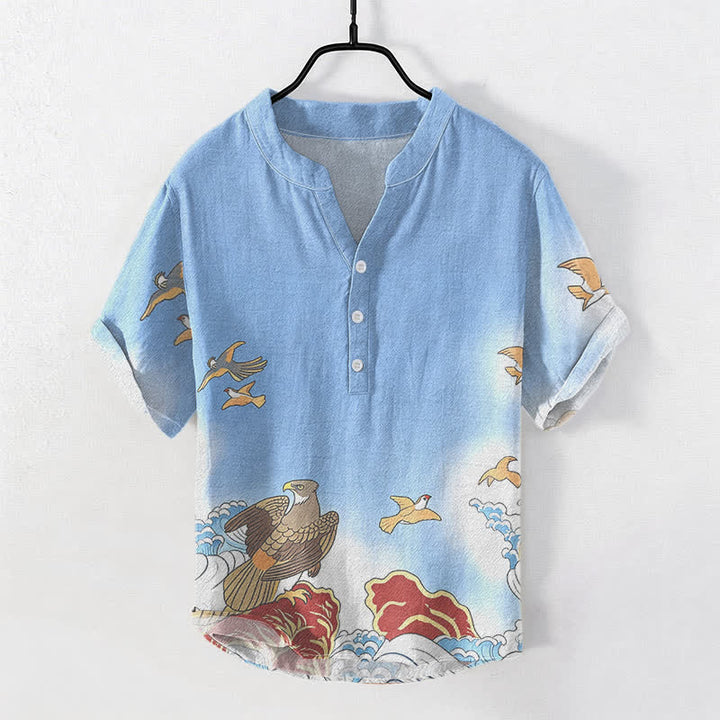 Buddha Stones Cotton Ocean Bird Wave Rock Print Men's Short Sleeve Half Button Shirt - LightSkyBlue - US/UK/AU50，EU60 (5XL) - image 0