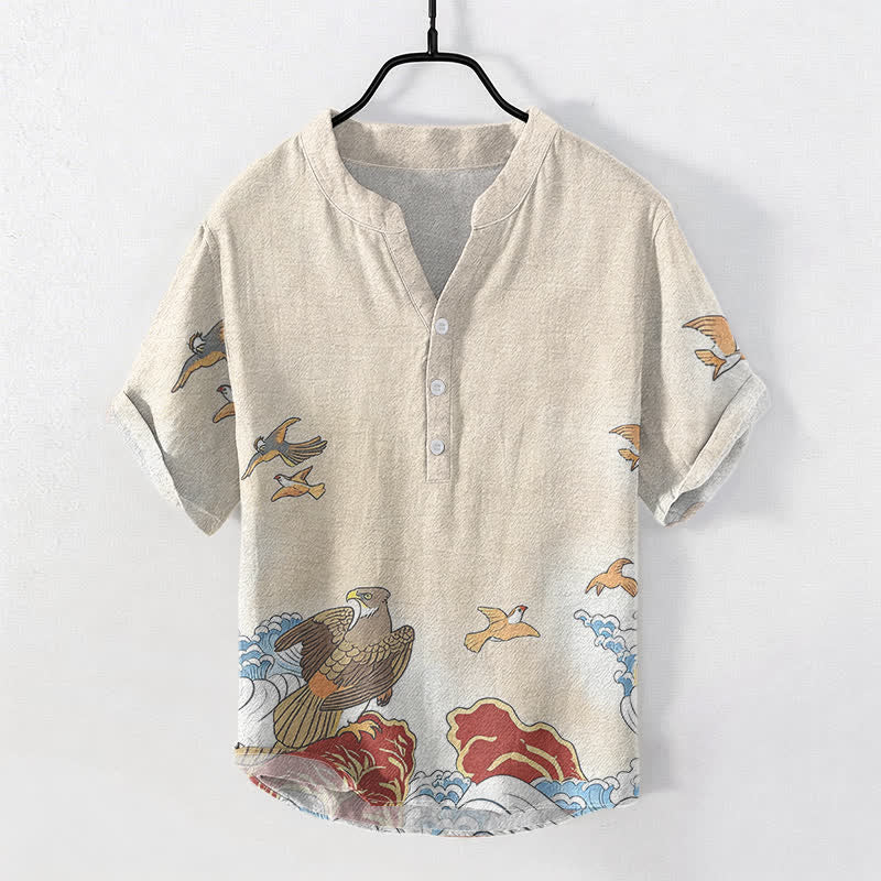 Buddha Stones Cotton Ocean Bird Wave Rock Print Men's Short Sleeve Half Button Shirt - AntiqueWhite - US/UK/AU50，EU60 (5XL) - image 3