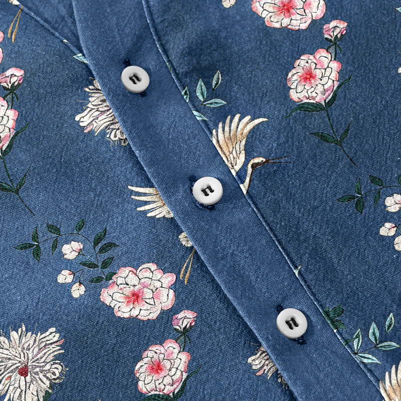 Buddha Stones Cotton Crane Floral Print Men's Short Sleeve Half Button Shirt - image 3