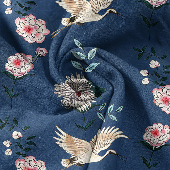 Buddha Stones Cotton Crane Floral Print Men's Short Sleeve Half Button Shirt - image 4
