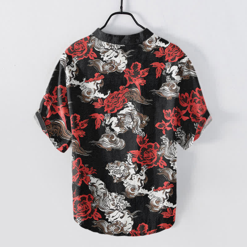 Buddha Stones Cotton Red Floral Cloud Print Henley Men's Short Sleeve Half Button Shirt - image 1