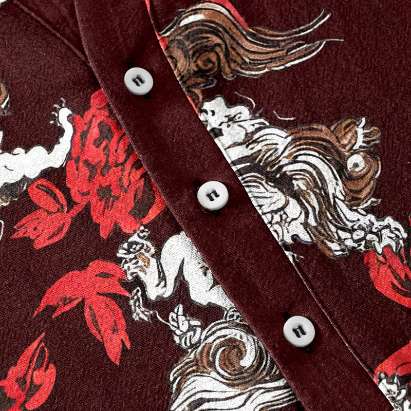 Buddha Stones Cotton Red Floral Cloud Print Henley Men's Short Sleeve Half Button Shirt - image 13