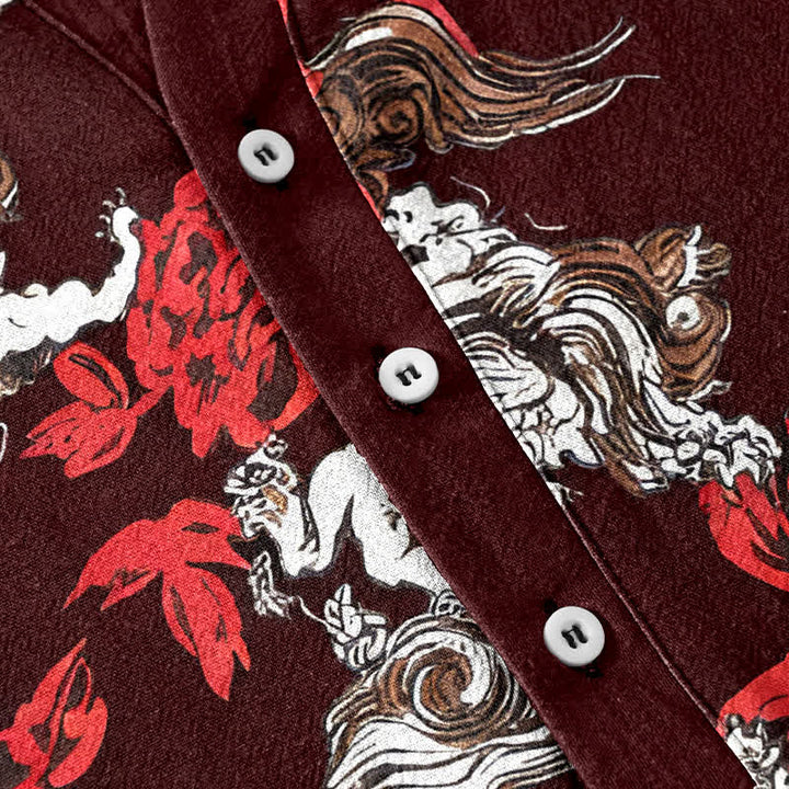 Buddha Stones Cotton Red Floral Cloud Print Henley Men's Short Sleeve Half Button Shirt - image 13