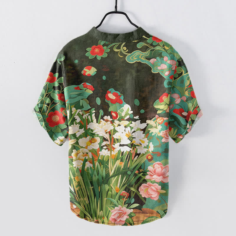 Buddha Stones Cotton Tropical Floral Print Men's Short Sleeve Half Button Shirt - image 1