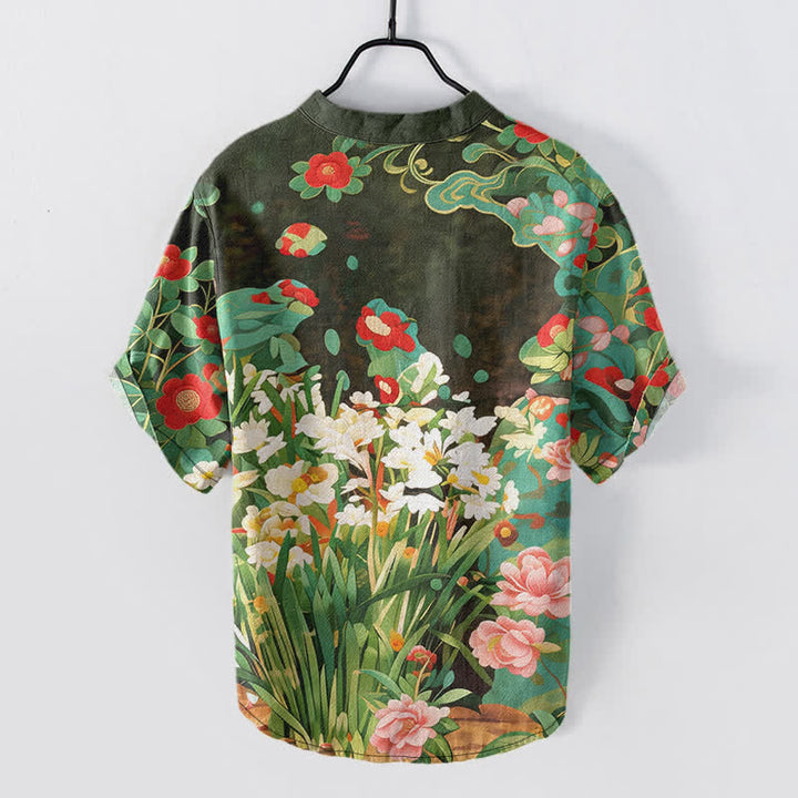 Buddha Stones Cotton Tropical Floral Print Men's Short Sleeve Half Button Shirt - image 1