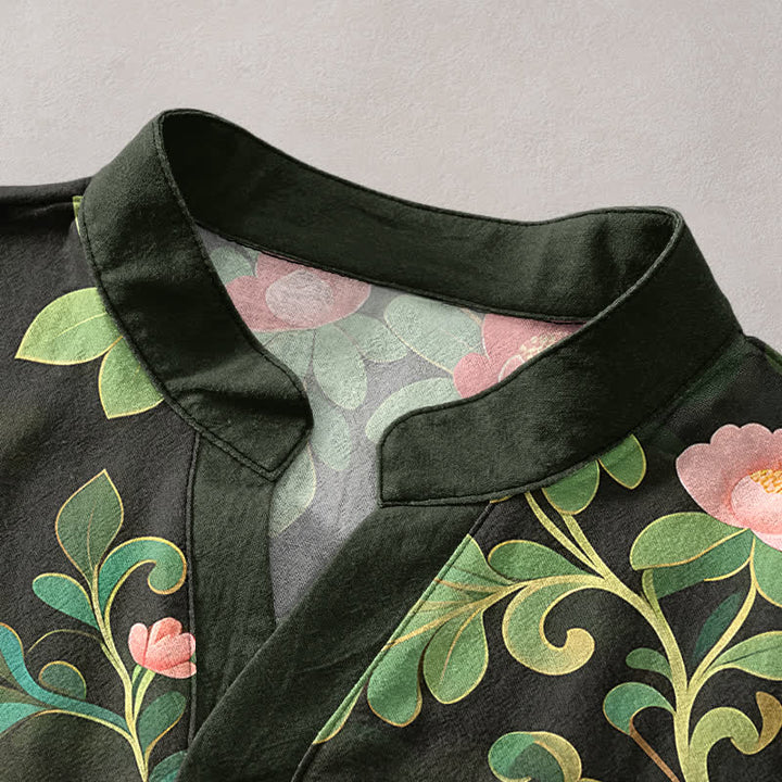 Buddha Stones Cotton Tropical Floral Print Men's Short Sleeve Half Button Shirt - image 2