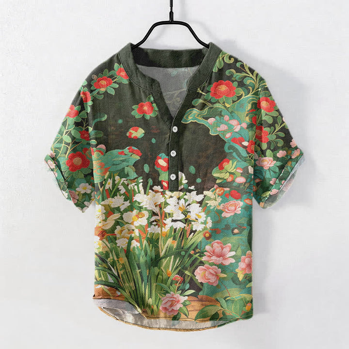 Buddha Stones Cotton Tropical Floral Print Men's Short Sleeve Half Button Shirt - DarkOliveGreen - US/UK/AU50，EU60 (5XL) - image 0
