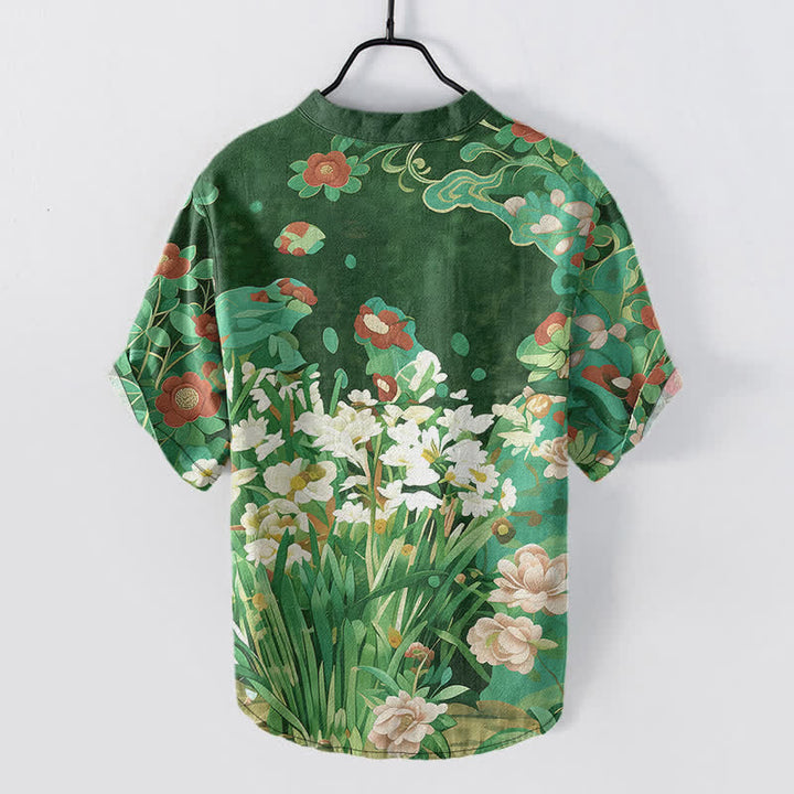 Buddha Stones Cotton Tropical Floral Print Men's Short Sleeve Half Button Shirt - image 6