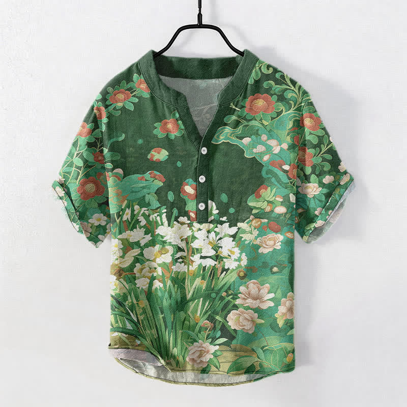 Buddha Stones Cotton Tropical Floral Print Men's Short Sleeve Half Button Shirt - SeaGreen - US/UK/AU50，EU60 (5XL) - image 5
